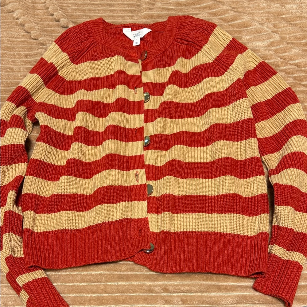 Market and spruce medium Striped Red and Tan Women's Sweater cardigan